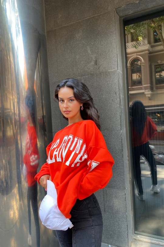 Bisiklet Yaka Text Baskılı Sweatshirt Oranj