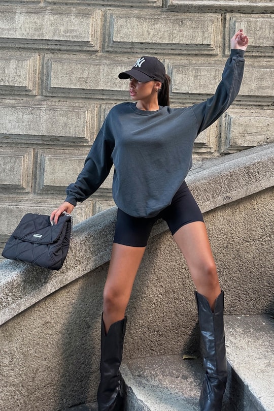 Bisiklet Yaka Uzun Sweatshirt Antrasit