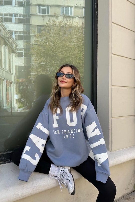 Calıfornıa Baskılı Sweat Mavi