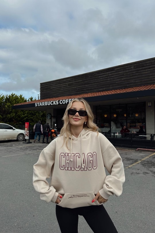 Chıcago Baskı Sweatshirt Bej