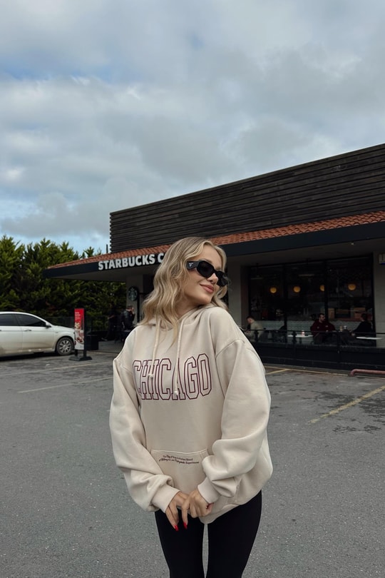 Chıcago Baskı Sweatshirt Bej