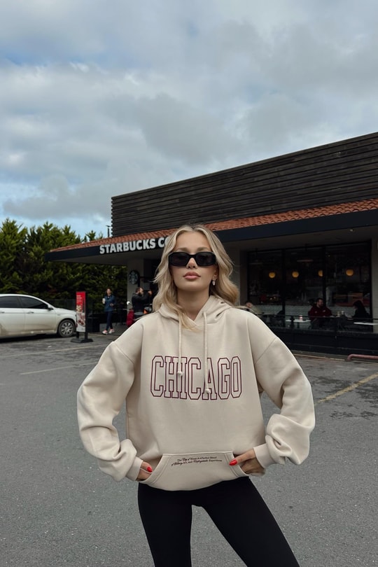 Chıcago Baskı Sweatshirt Bej