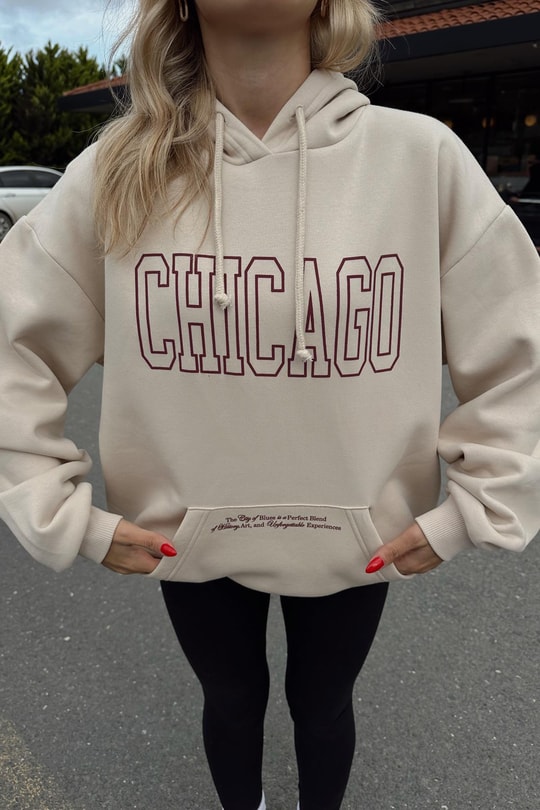 Chıcago Baskı Sweatshirt Bej