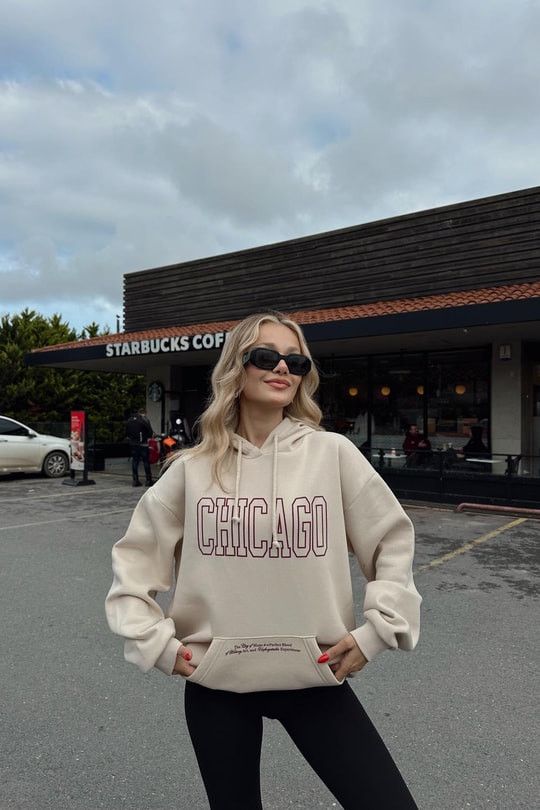Chıcago Baskı Sweatshirt Bej