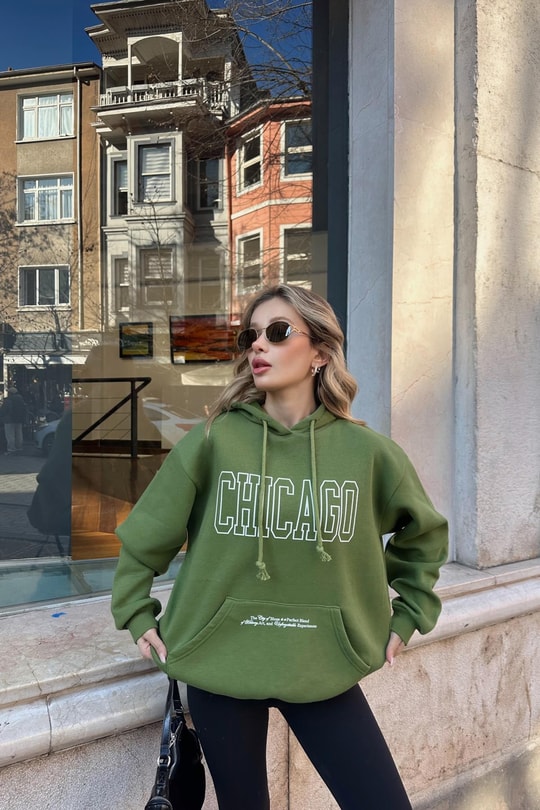 Chıcago Baskı Sweatshirt Kivi Yeşili