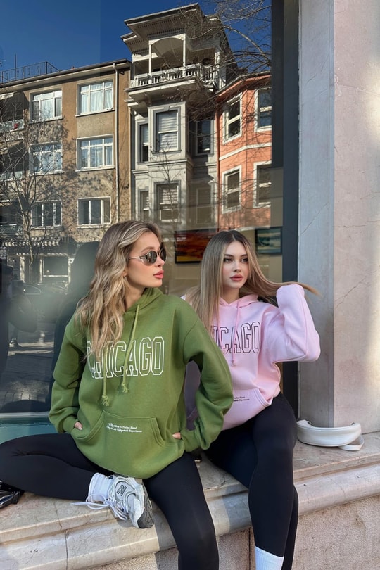 Chıcago Baskı Sweatshirt Pudra
