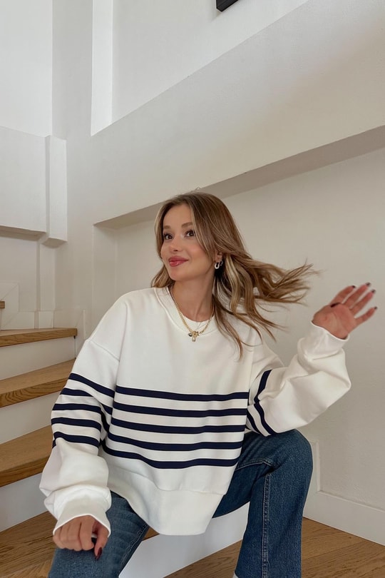 Çizgi Baskılı Sweat Ekru