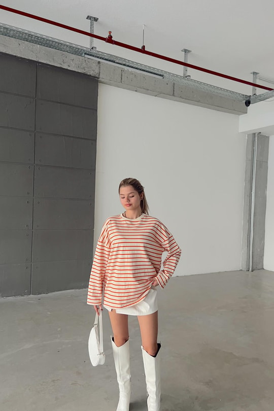 Çizgili Combing Sweat Oranj