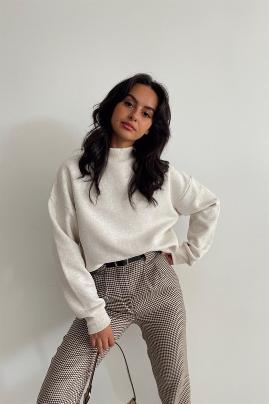 Dik Yaka Basic Sweatshirt Bej Melanj