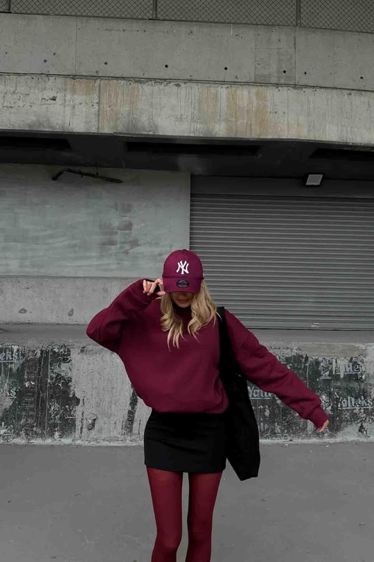 Dik Yaka Basic Sweatshirt Bordo