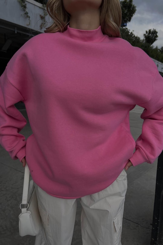 Dik Yaka Basic Sweatshirt Şeker Pembe