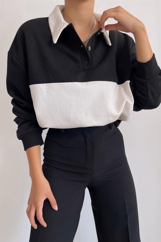 Düğmeli Polo Yaka Sweatshirt Siyah