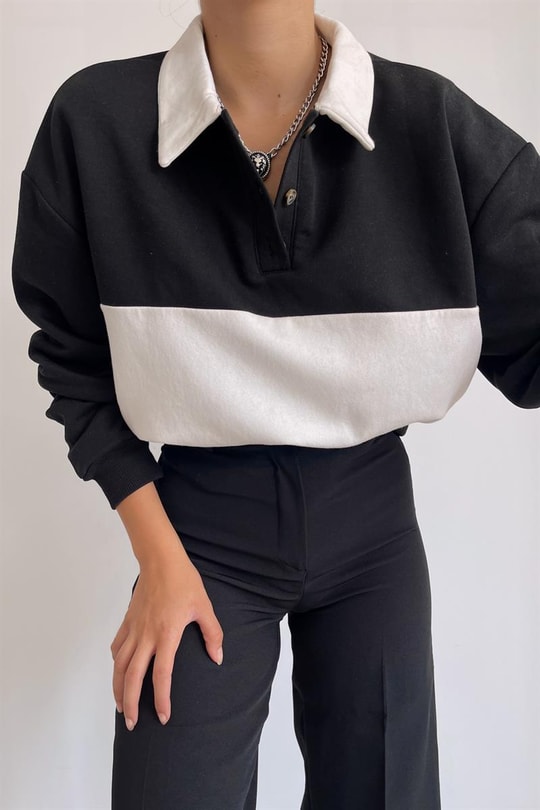 Düğmeli Polo Yaka Sweatshirt Siyah