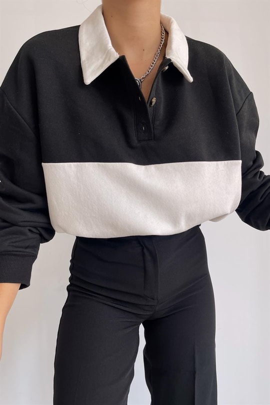 Düğmeli Polo Yaka Sweatshirt Siyah