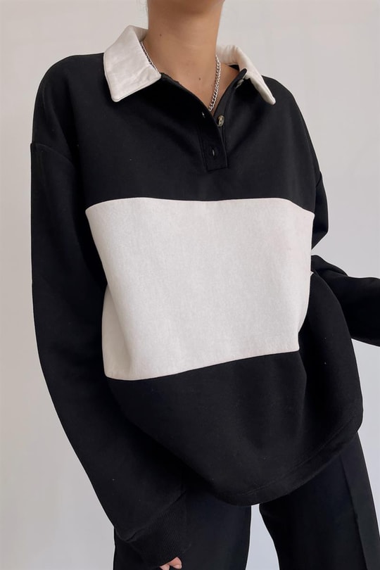 Düğmeli Polo Yaka Sweatshirt Siyah