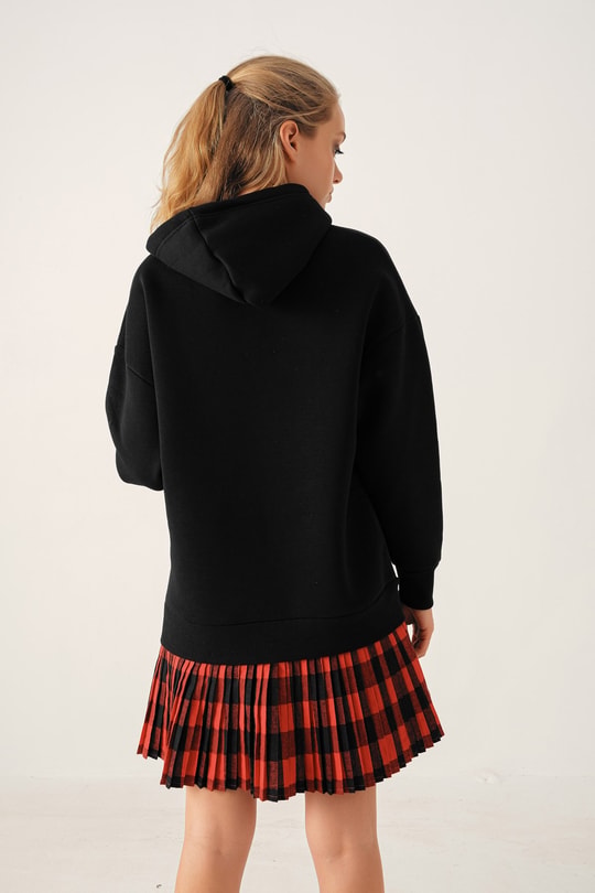 Ekose Etekli Sweatshirt Siyah