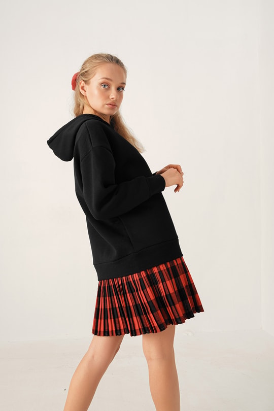 Ekose Etekli Sweatshirt Siyah