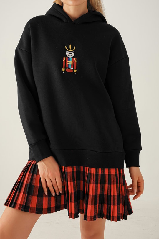 Ekose Etekli Sweatshirt Siyah
