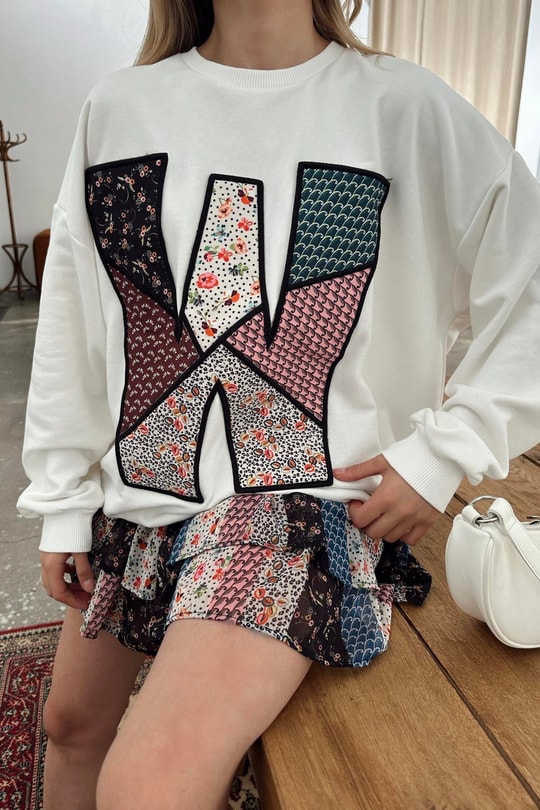 Etnik Nakışlı Sweat Beyaz
