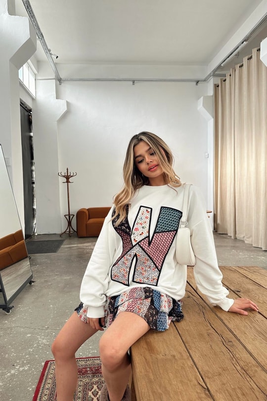Etnik Nakışlı Sweat Beyaz