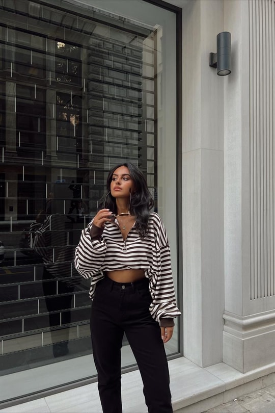 Fermuar Yaka Çizgili Oversize Sweat Kahverengi