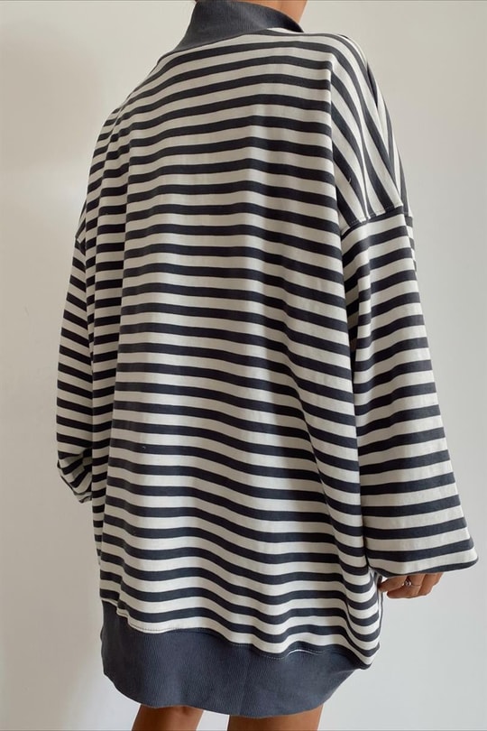 Fermuar Yaka Çizgili Oversize Sweat Füme
