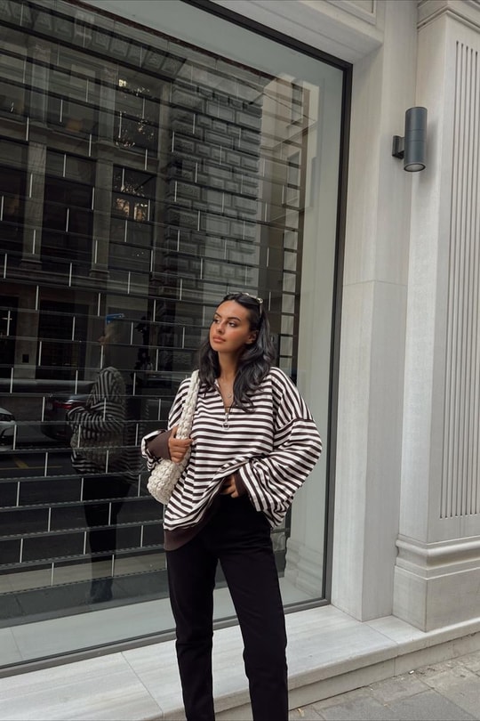 Fermuar Yaka Çizgili Oversize Sweat Kahverengi