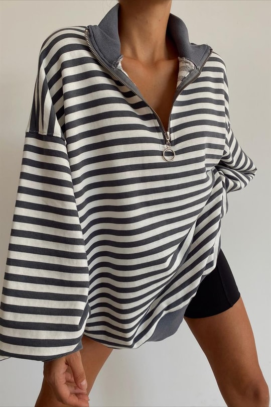 Fermuar Yaka Çizgili Oversize Sweat Füme