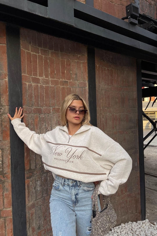 Fermuar Yaka NY Sweat Bej Melanj