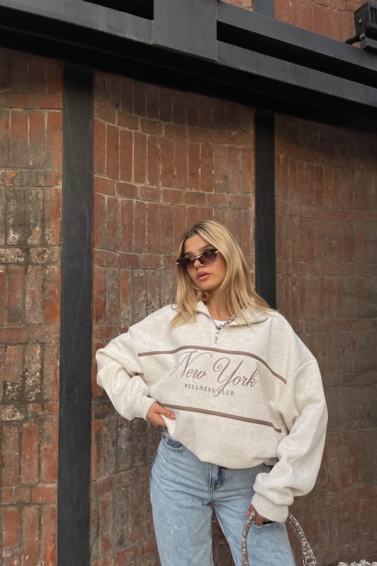 Fermuar Yaka NY Sweat Bej Melanj