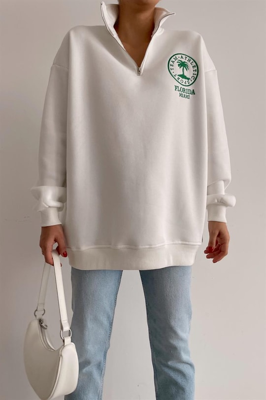 Fermuar Yakalı Florida Sweatshirt Beyaz