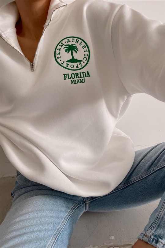Fermuar Yakalı Florida Sweatshirt Beyaz