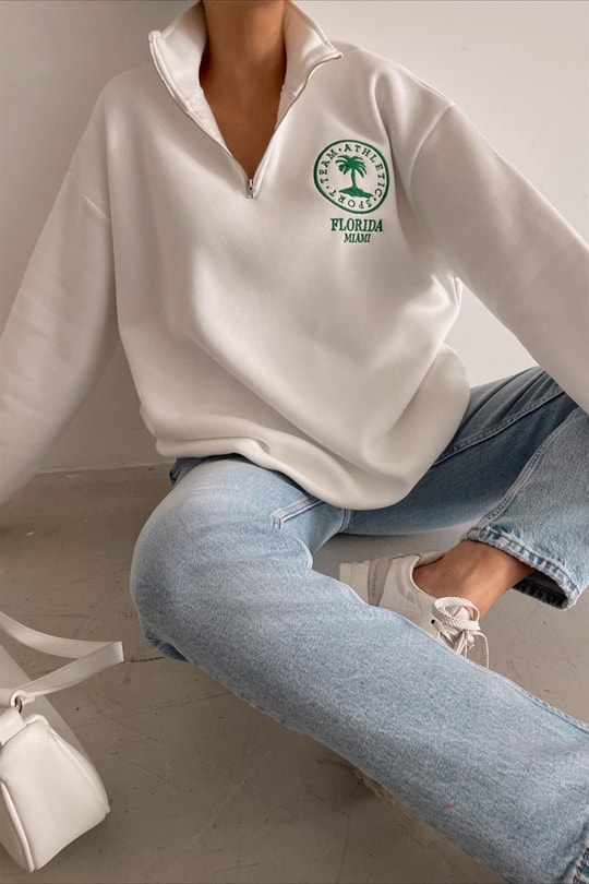 Fermuar Yakalı Florida Sweatshirt Beyaz