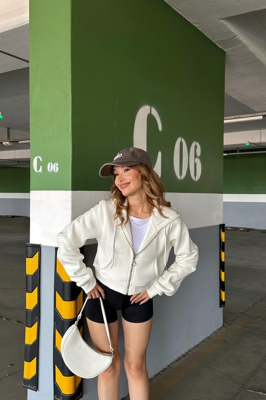 Fermuarlı Crop Sweatshirt Beyaz