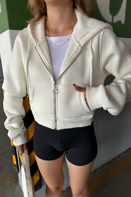 Fermuarlı Crop Sweatshirt Beyaz
