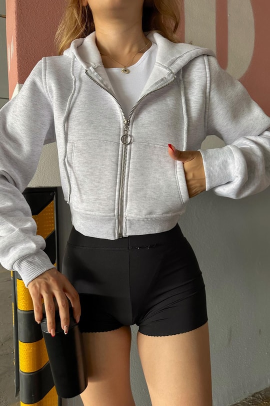 Fermuarlı Crop Sweatshirt Gri