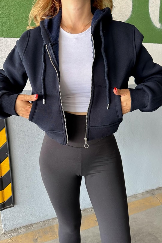Fermuarlı Crop Sweatshirt Lacivert