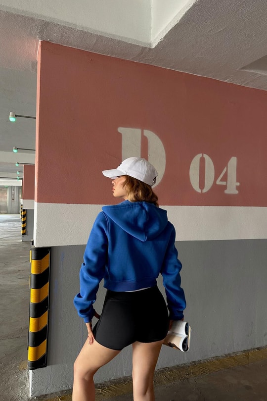 Fermuarlı Crop Sweatshirt Mavi