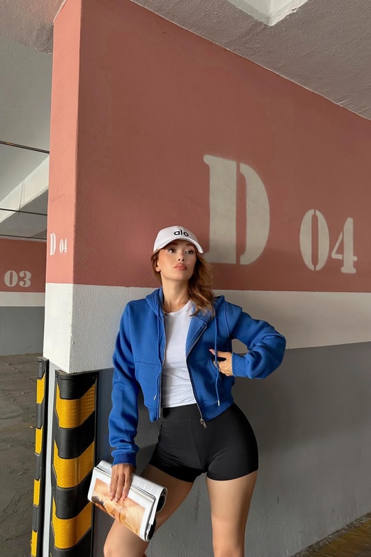 Fermuarlı Crop Sweatshirt Mavi