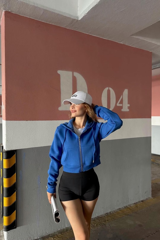 Fermuarlı Crop Sweatshirt Mavi