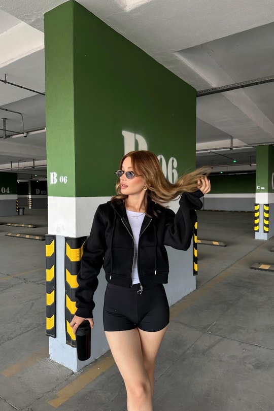 Fermuarlı Crop Sweatshirt Siyah