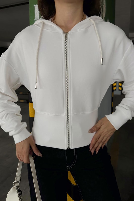Fermuarlı Modal Sweatshirt Beyaz