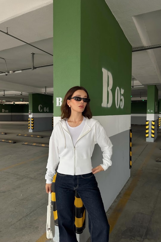 Fermuarlı Modal Sweatshirt Beyaz
