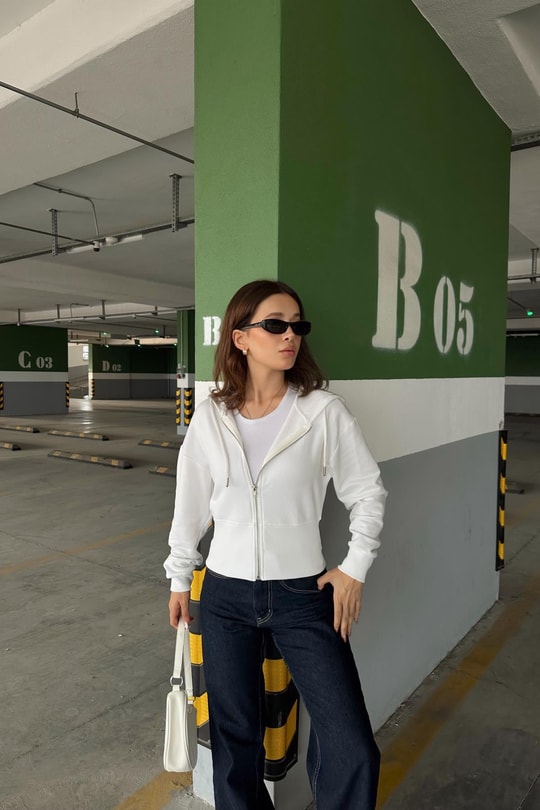 Fermuarlı Modal Sweatshirt Beyaz