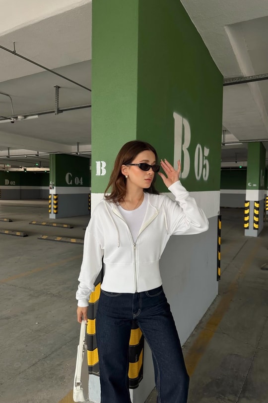Fermuarlı Modal Sweatshirt Beyaz