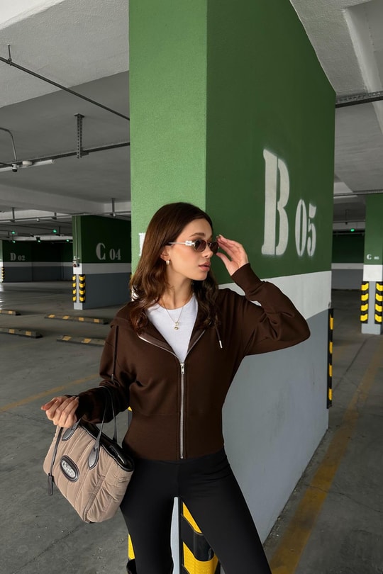 Fermuarlı Modal Sweatshirt Kahve