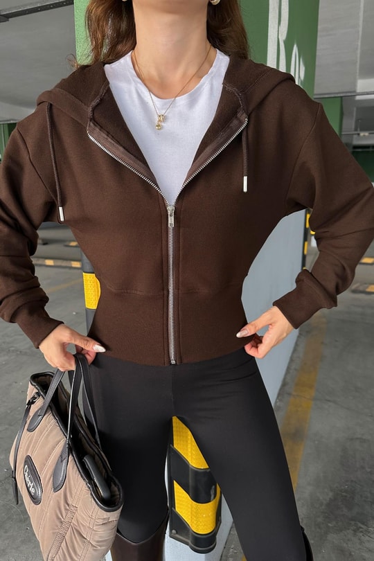 Fermuarlı Modal Sweatshirt Kahve