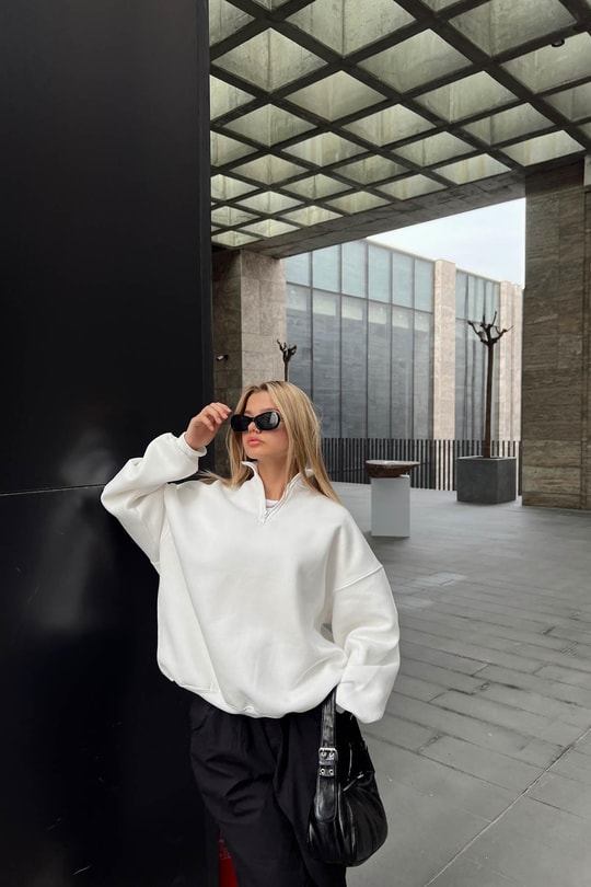 Fermuarlı Oversize Sweatshirt Beyaz