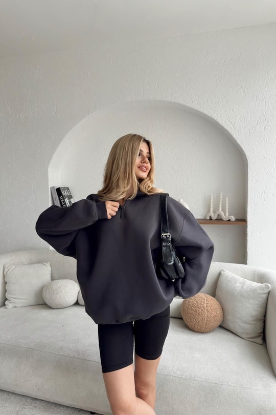 Fermuarlı Oversize Sweatshirt Antrasit