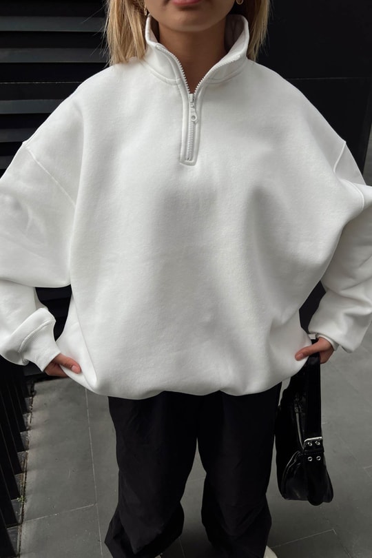 Fermuarlı Oversize Sweatshirt Beyaz